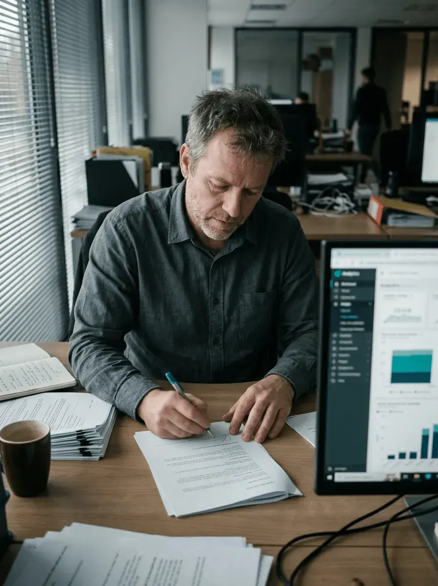 A consultant at a cluttered office desk signing the last page of a printed recommendation, an analytics dashboard running on the monitor beside him