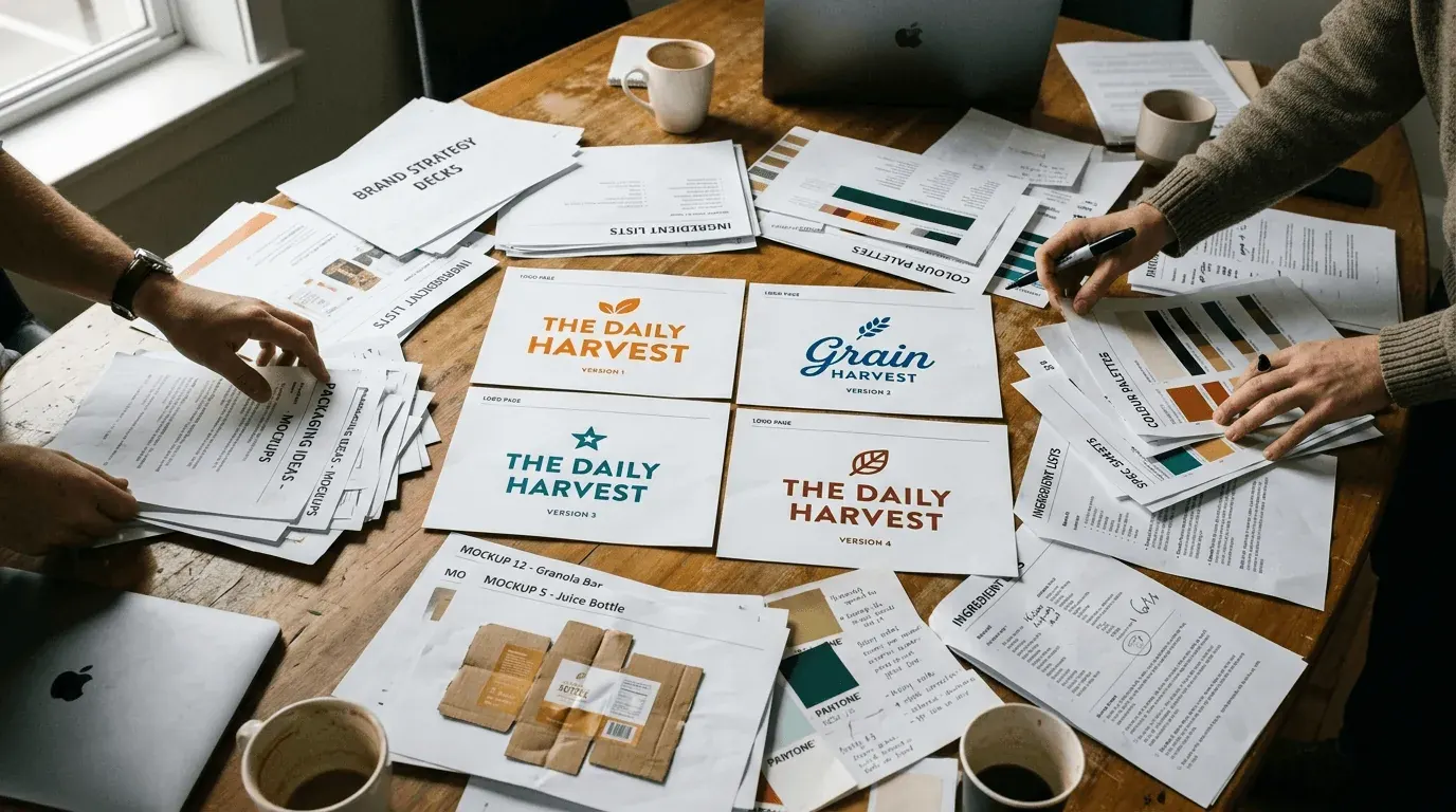 A meeting table covered in printed brand decks, ingredient lists, colour palettes and packaging mockups, with four different versions of the same logo laid side by side while two people sort the piles