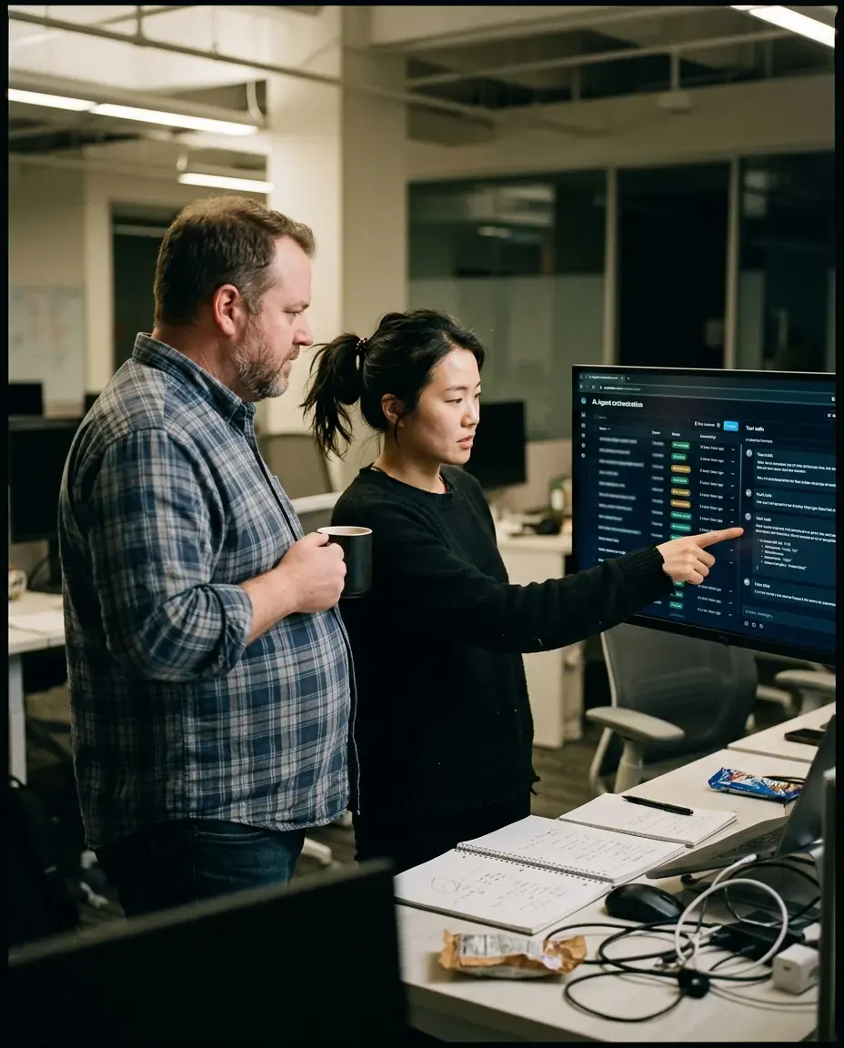 Two colleagues stand at a desk in a late-afternoon office, reading a running agent console on a monitor together