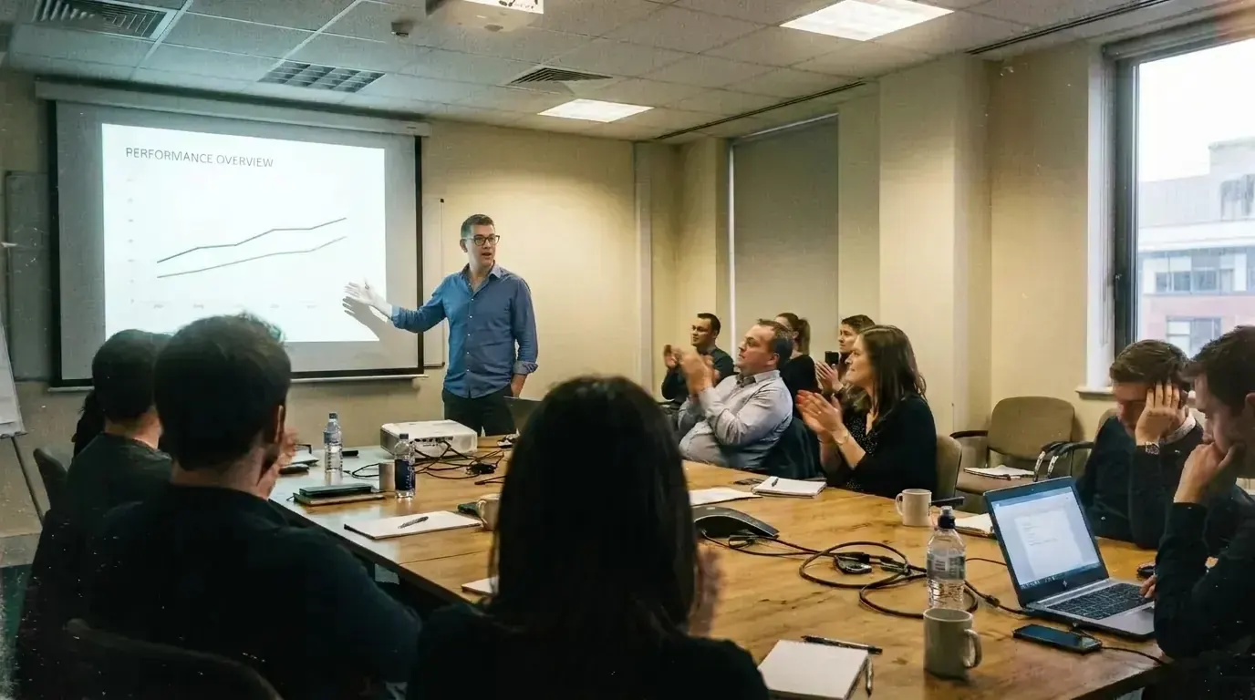 Cyril Drouin presents a performance chart to a steering committee that applauds at the end of a pilot demo