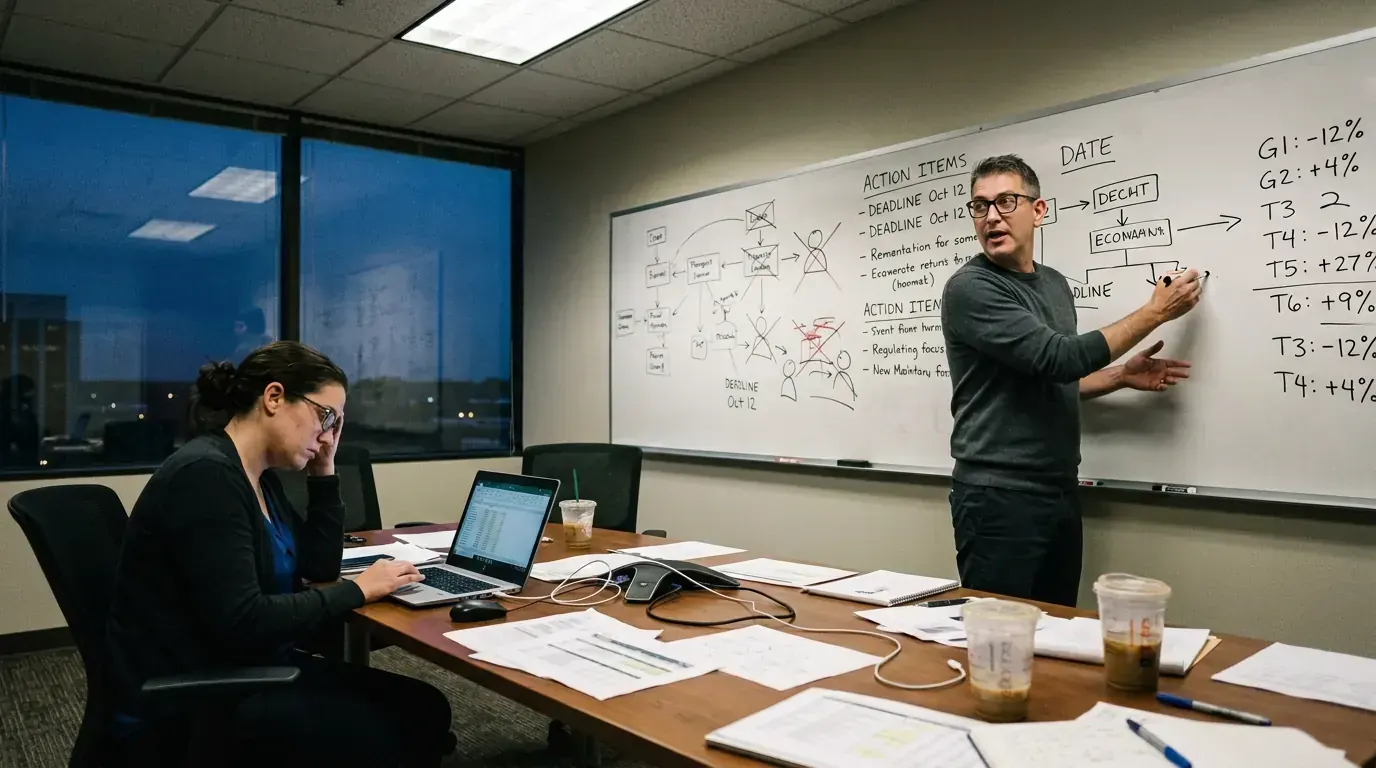 Cyril Drouin at a whiteboard covered in charts and crossed-out numbers, explaining to a colleague during an evening project review
