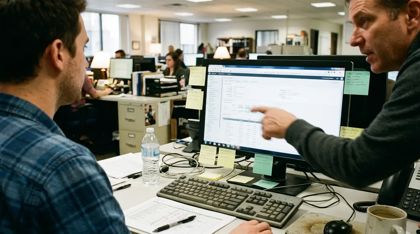 Two colleagues at an office desk looking at an internal tool running on a monitor during a pilot