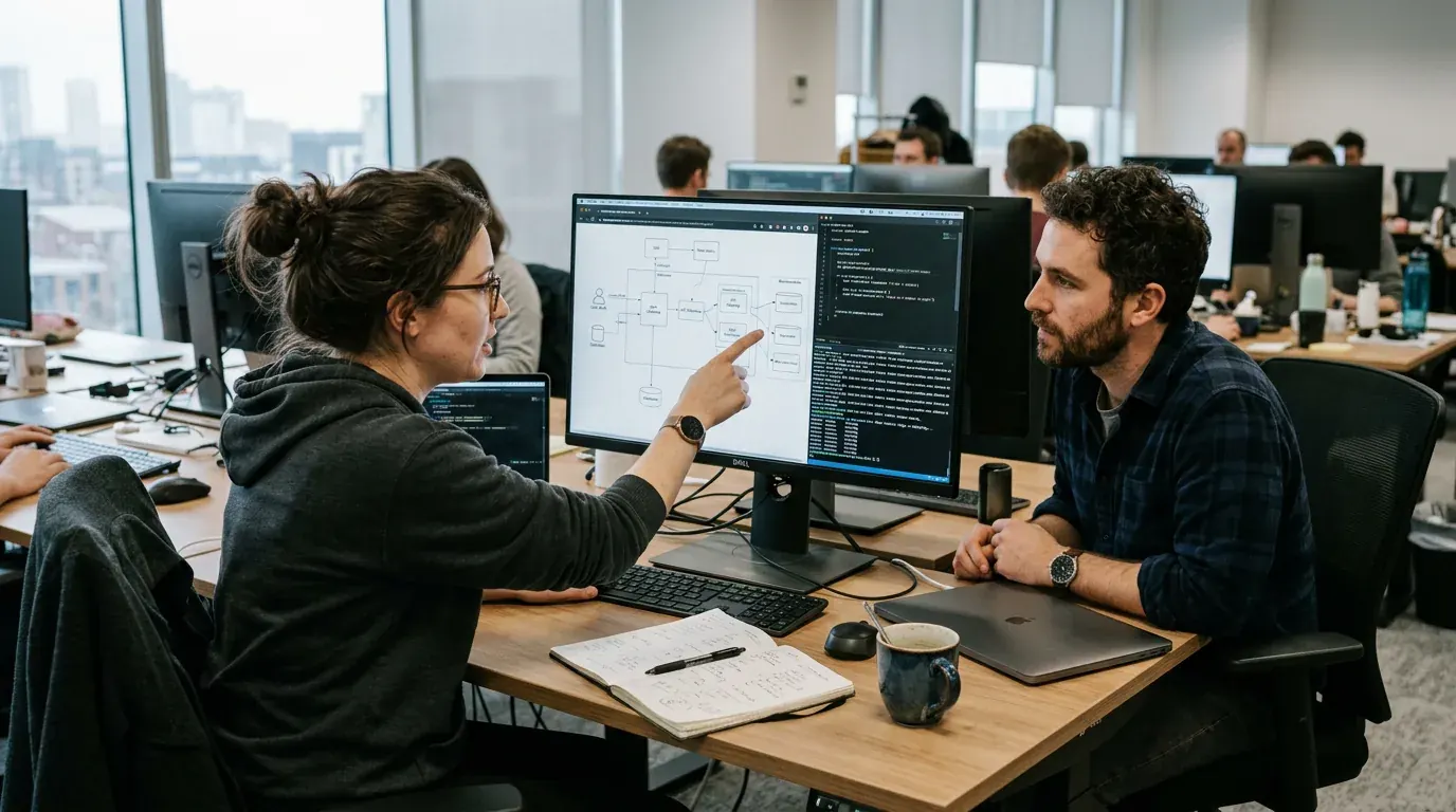 Two engineers at a shared desk working through a system architecture diagram on a large monitor, terminal output open beside it