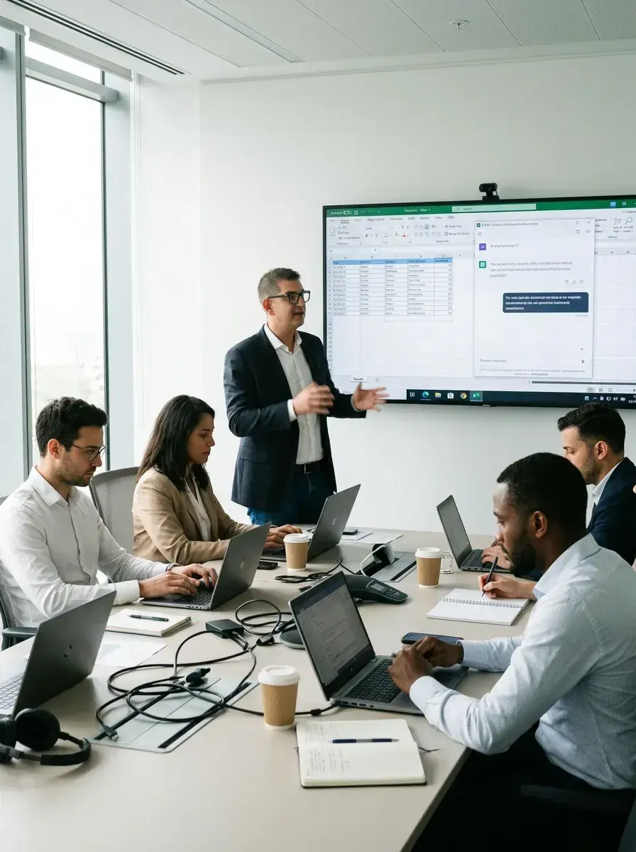 Cyril Drouin leading a hands-on AI training session, gesturing at a shared screen while participants work on their own laptops