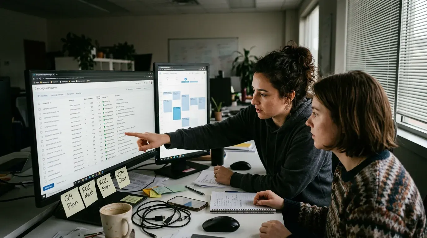 Two demand generation marketers sharing a desk, a single campaign workspace open on an ultrawide monitor