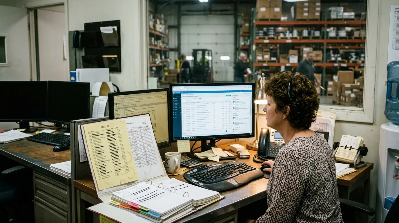 A salesperson’s desk in a B2B supply office, a finished quotation on screen and a binder of contract terms open beside it