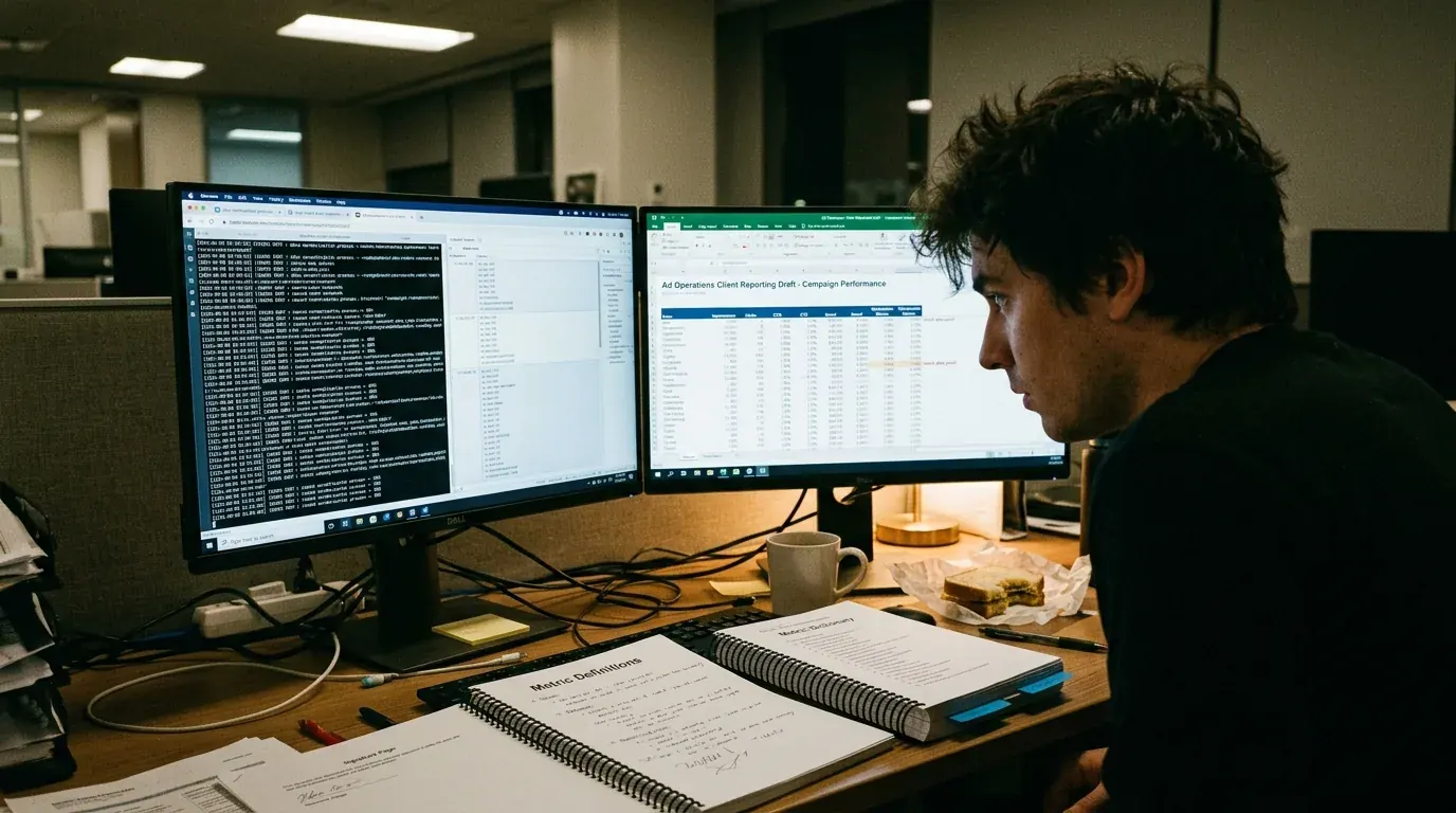 An ad operations analyst at a two-monitor workstation, a normalization run log on one screen and a client report on the other