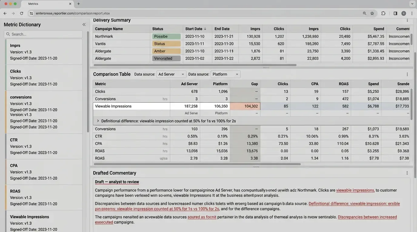 A client report showing two different figures for the same metric side by side, one from the ad server and one from the platform, with an expandable note explaining the definitional difference