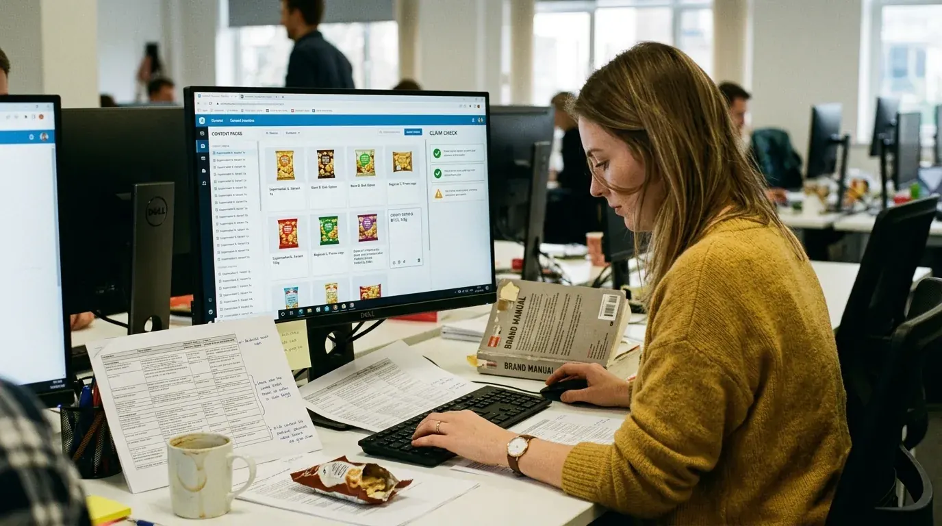 A brand manager’s desk on a food company marketing floor, a content production workspace on screen and retailer specification sheets beside the keyboard