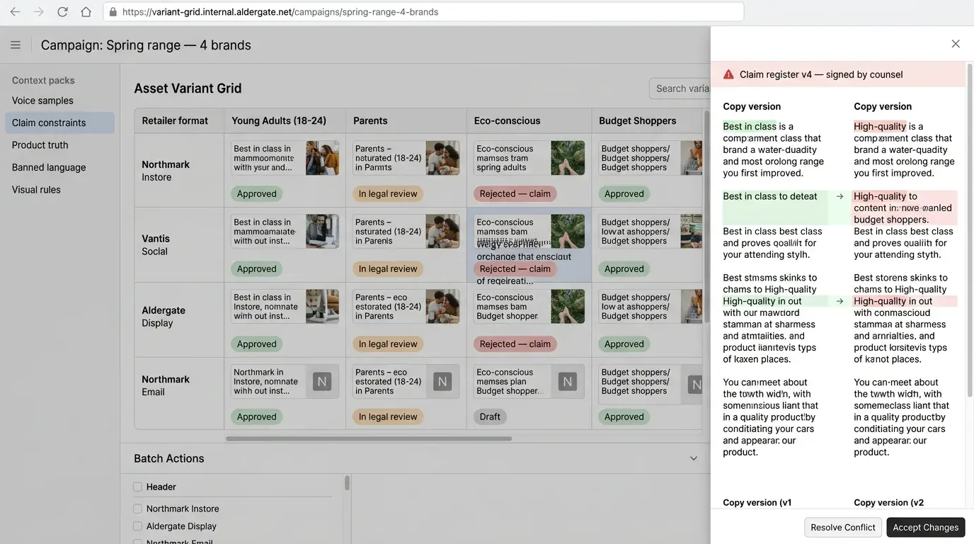 The asset variant grid: rows by retailer format, columns by audience, each cell carrying an approval status chip, with the signed claims register banner across the top