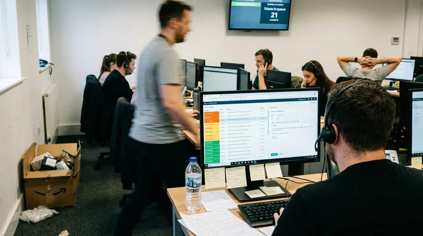 A customer service floor at an online retailer during a busy period, a ticket queue open on the nearest screen