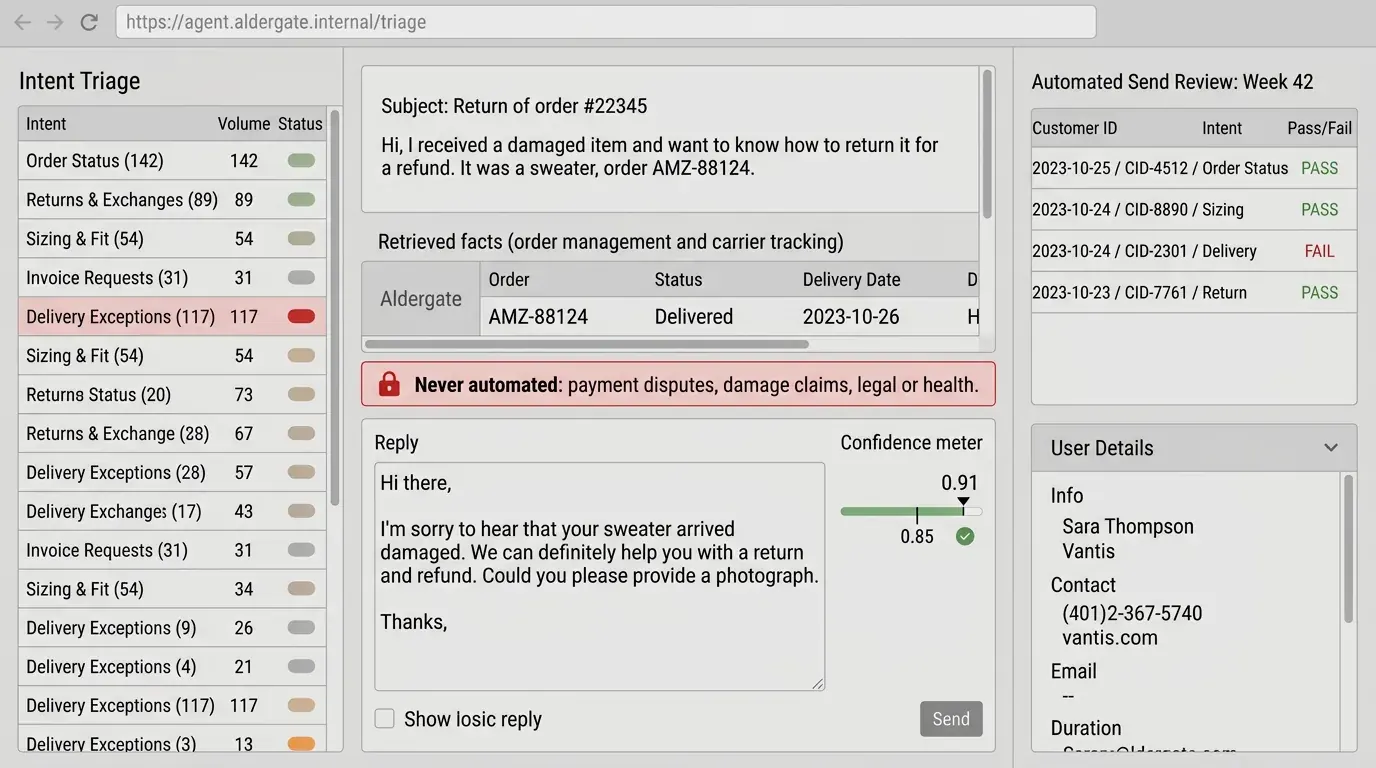 The triage and drafting console: an intent list with volumes, an open ticket with retrieved order and carrier facts, a drafted reply, a confidence meter against a threshold, and a locked never-automate banner