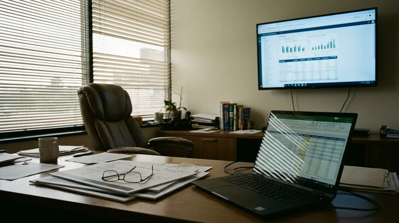 A wall-mounted executive dashboard in a consulting firm office, early morning, with a laptop showing the same view