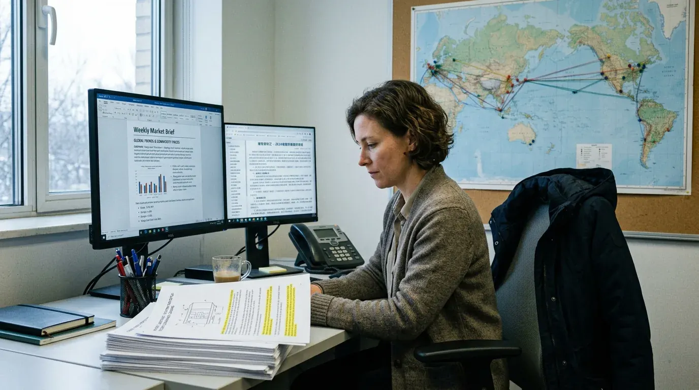 A strategy analyst reading a weekly market brief with a Chinese-language regulatory page open in the next window