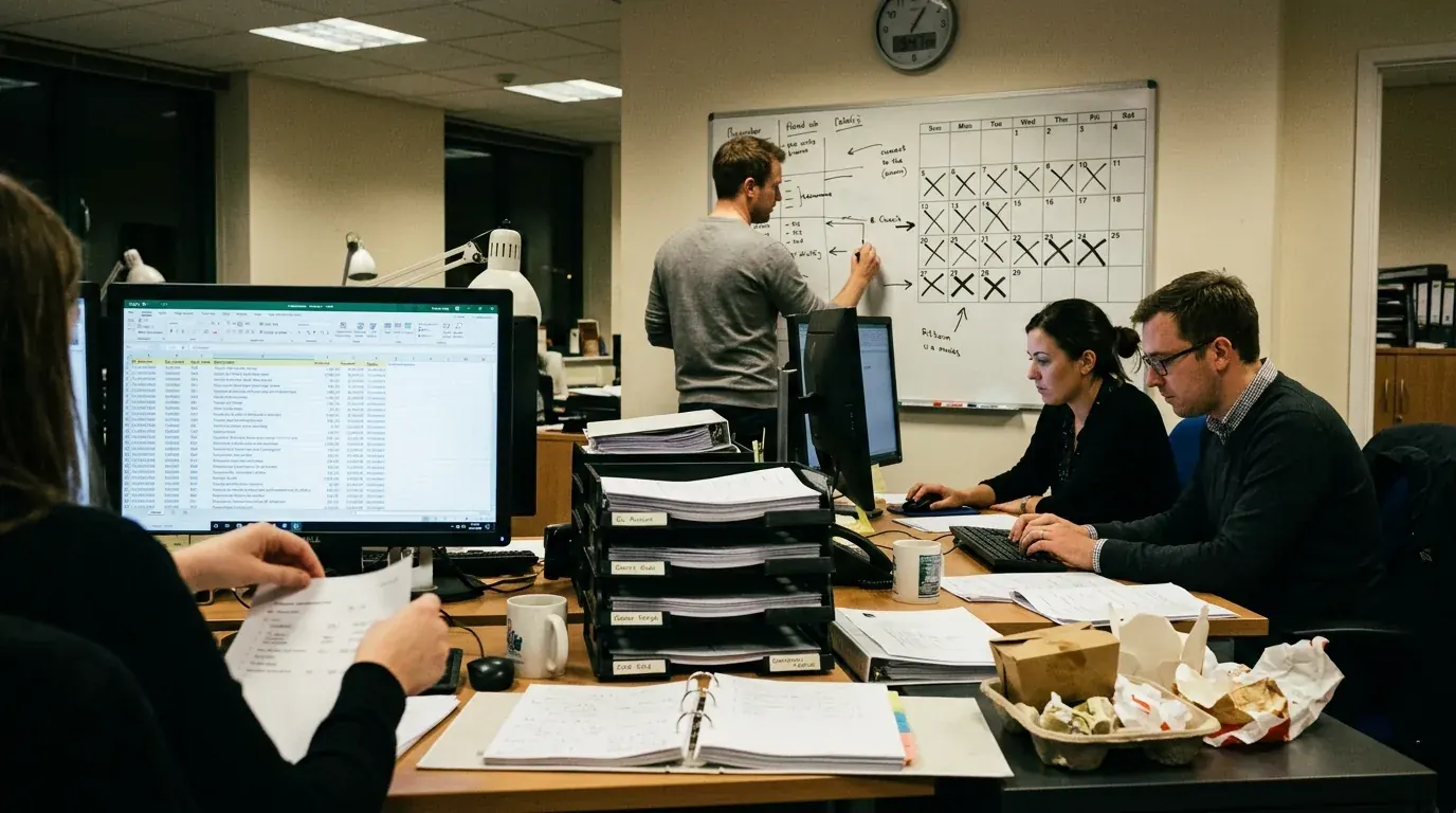 A group finance team room during month-end close, a close calendar on the whiteboard and a ledger coding queue on screen