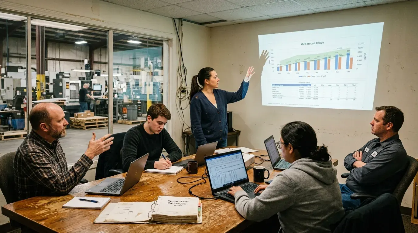 A weekly sales operations meeting in an industrial equipment company, a forecast range chart projected on the wall