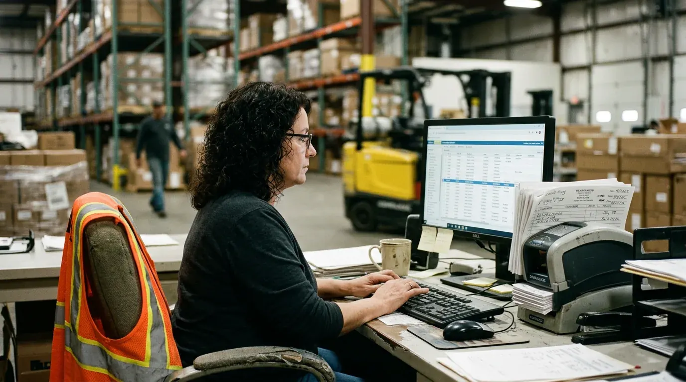 A procurement desk at the edge of a warehouse, an exception queue of supplier documents on screen and a scanner beside it