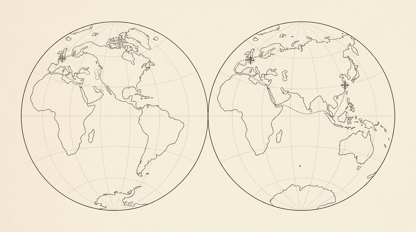 Line-drawn map of the eastern and western hemispheres on cream paper